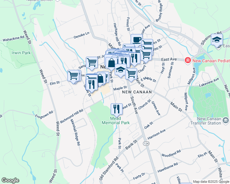 map of restaurants, bars, coffee shops, grocery stores, and more near 160-180 Park Street in New Canaan