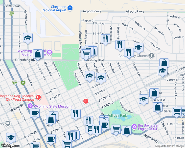 map of restaurants, bars, coffee shops, grocery stores, and more near 1105 East 23rd Street in Cheyenne