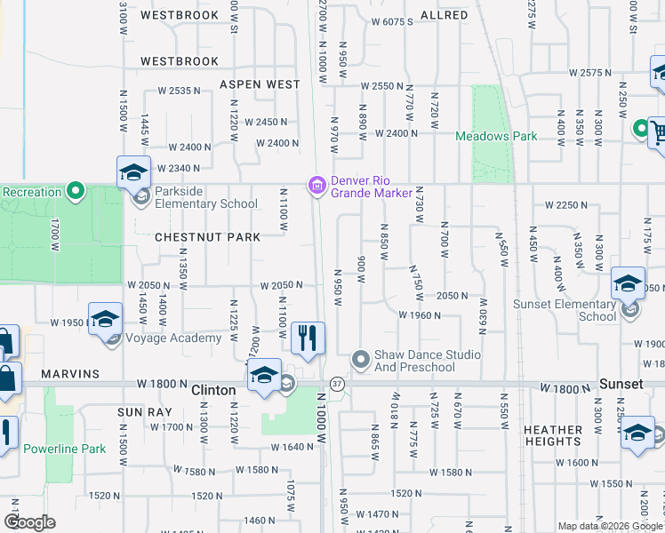 map of restaurants, bars, coffee shops, grocery stores, and more near 2091 North 950 West in Clinton