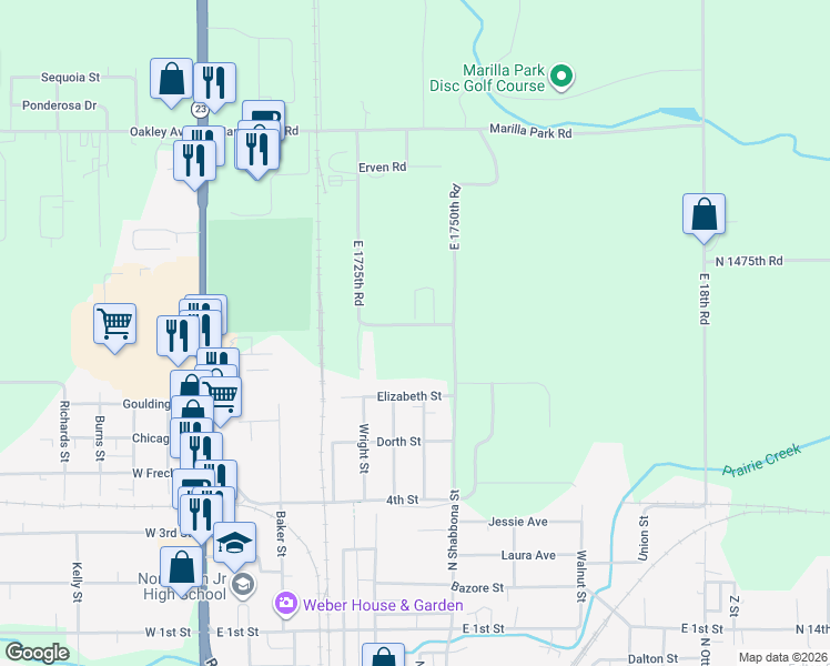 map of restaurants, bars, coffee shops, grocery stores, and more near 704 Elizabeth Street in Streator