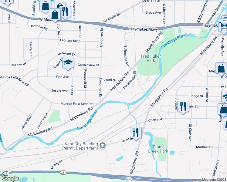 map of restaurants, bars, coffee shops, grocery stores, and more near 947 Middlebury Road in Kent