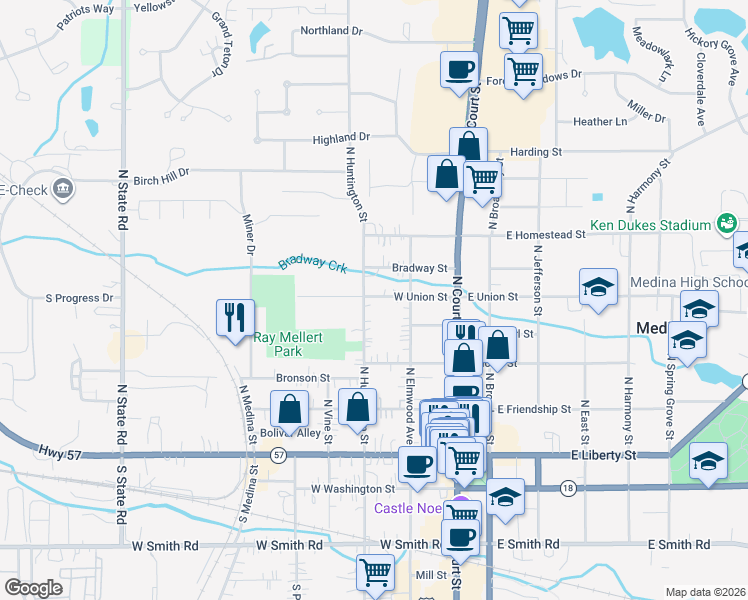 map of restaurants, bars, coffee shops, grocery stores, and more near 240 West Union Street in Medina