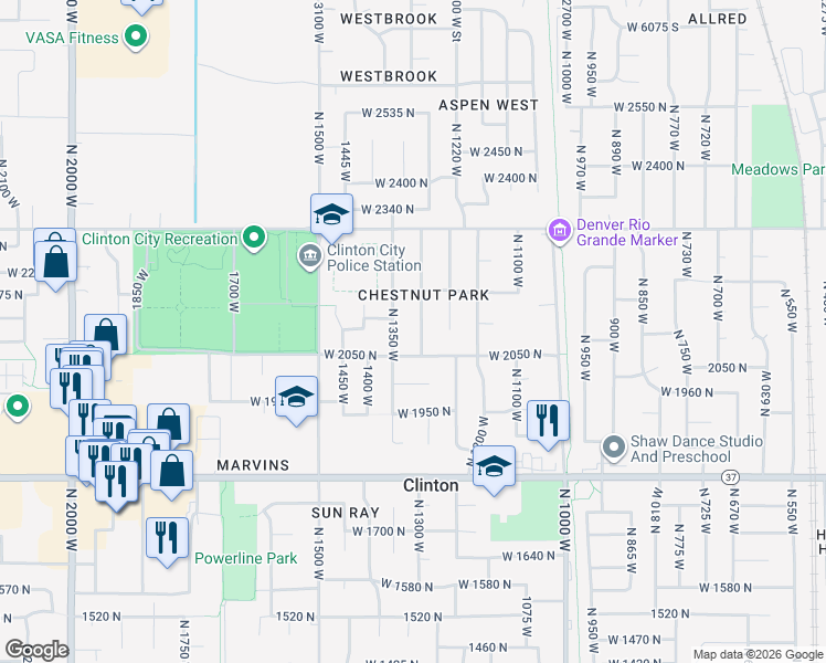 map of restaurants, bars, coffee shops, grocery stores, and more near 2056 North 1350 West in Clinton