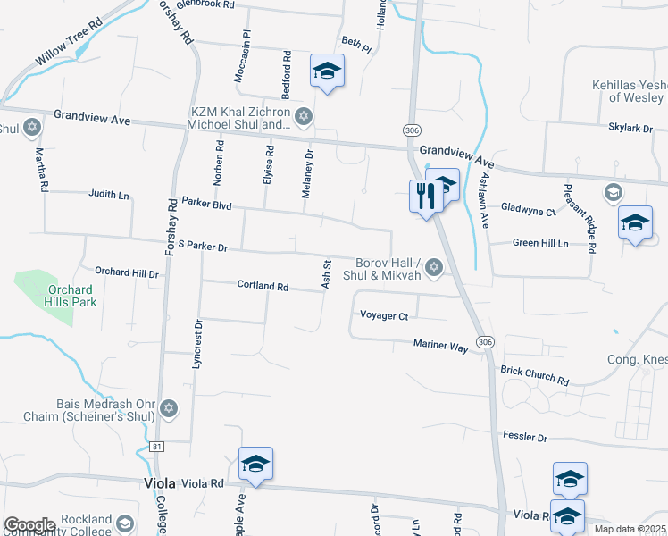 map of restaurants, bars, coffee shops, grocery stores, and more near 13 Ash Street in Monsey