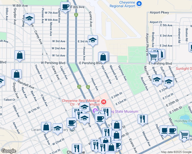 map of restaurants, bars, coffee shops, grocery stores, and more near 2622 House Avenue in Cheyenne
