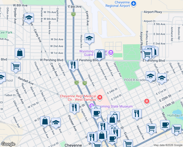 map of restaurants, bars, coffee shops, grocery stores, and more near 2622 House Avenue in Cheyenne