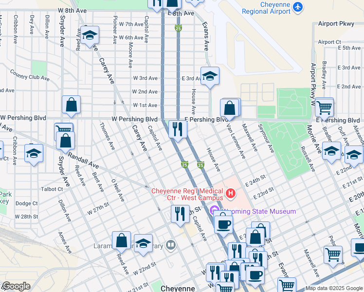 map of restaurants, bars, coffee shops, grocery stores, and more near 2722 Central Avenue in Cheyenne