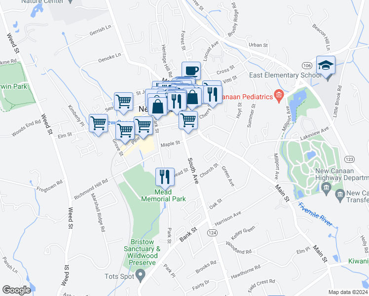 map of restaurants, bars, coffee shops, grocery stores, and more near 103 South Avenue in New Canaan