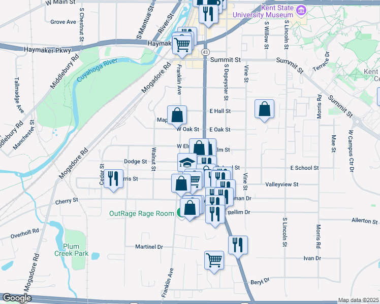 map of restaurants, bars, coffee shops, grocery stores, and more near 1115 Franklin Avenue in Kent