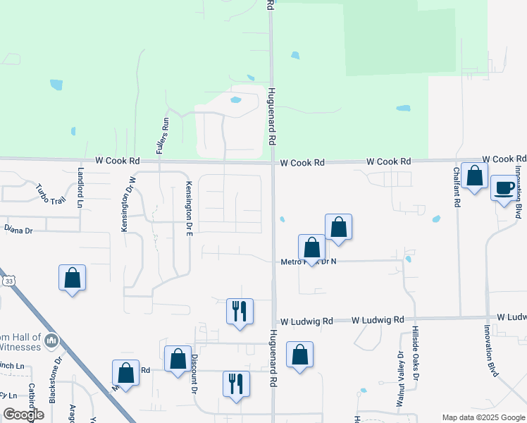 map of restaurants, bars, coffee shops, grocery stores, and more near 3870 Haslemere Way in Fort Wayne