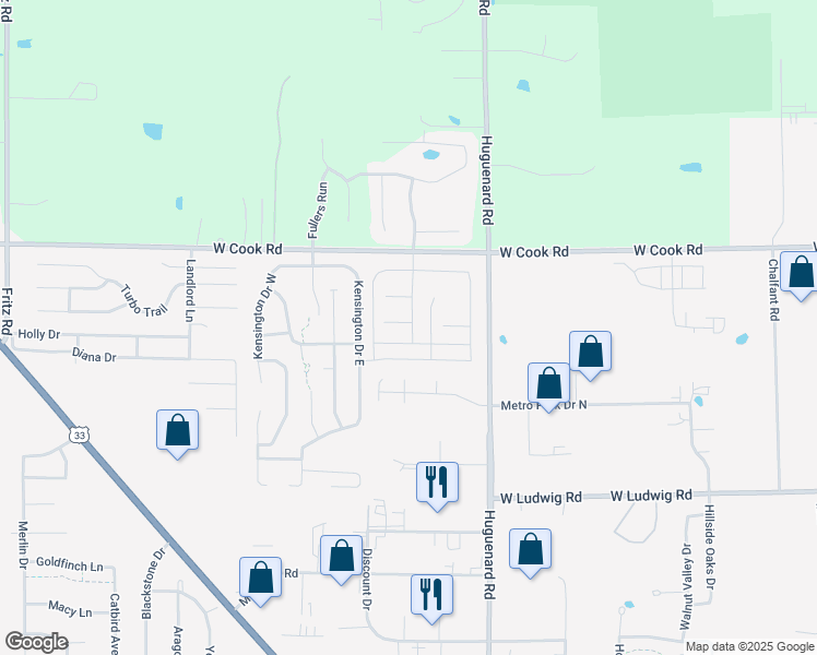 map of restaurants, bars, coffee shops, grocery stores, and more near 4023 Haslemere Way in Fort Wayne