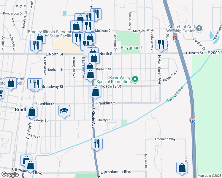 map of restaurants, bars, coffee shops, grocery stores, and more near 154 South Quincy Avenue in Bradley