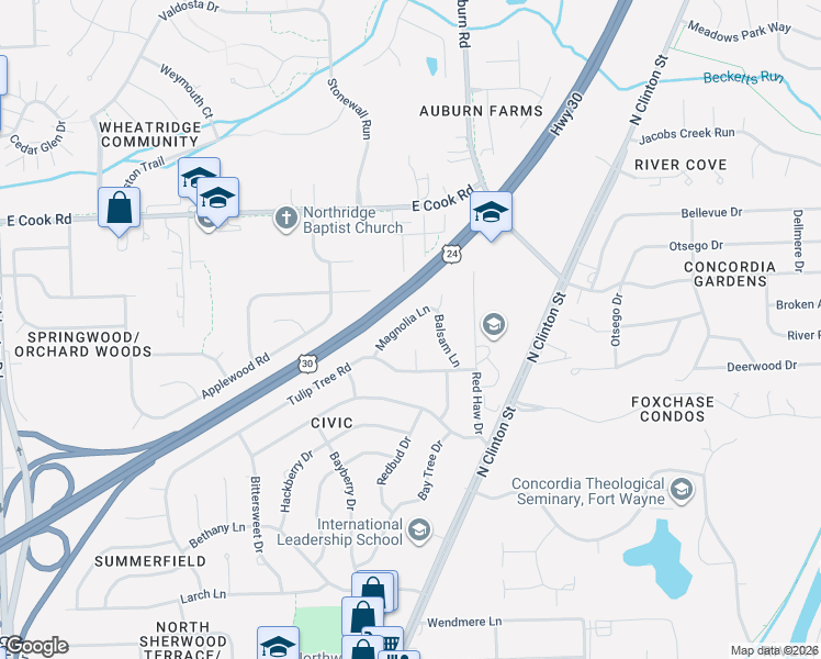 map of restaurants, bars, coffee shops, grocery stores, and more near 6923 Palmetta Court in Fort Wayne