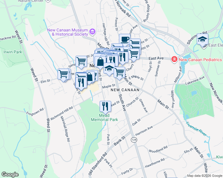 map of restaurants, bars, coffee shops, grocery stores, and more near 29 Maple Street in New Canaan