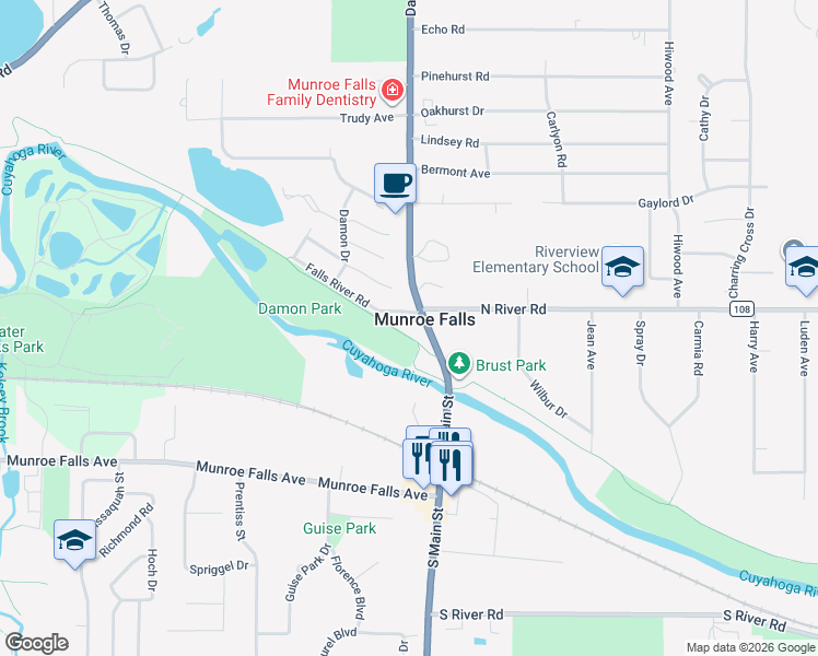 map of restaurants, bars, coffee shops, grocery stores, and more near 63 Falls River Drive in Munroe Falls