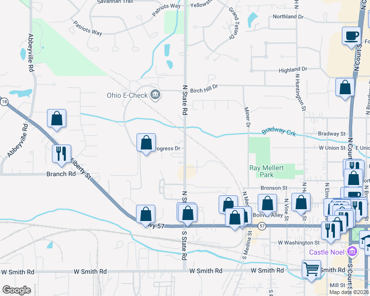 map of restaurants, bars, coffee shops, grocery stores, and more near 700 South Progress Drive in Medina