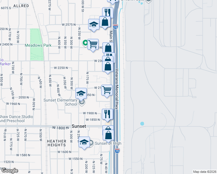 map of restaurants, bars, coffee shops, grocery stores, and more near 2101 North Main Street in Sunset