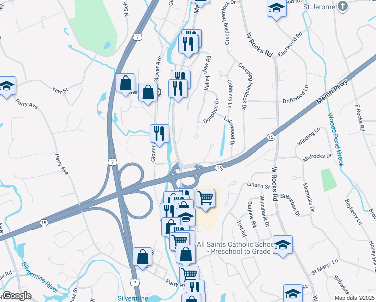 map of restaurants, bars, coffee shops, grocery stores, and more near 394 Main Avenue in Norwalk
