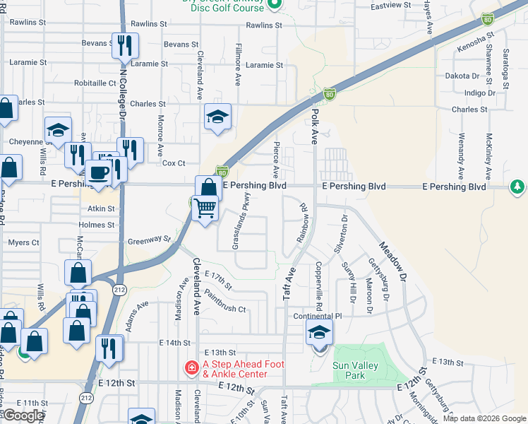 map of restaurants, bars, coffee shops, grocery stores, and more near 4800 Spur Drive in Cheyenne