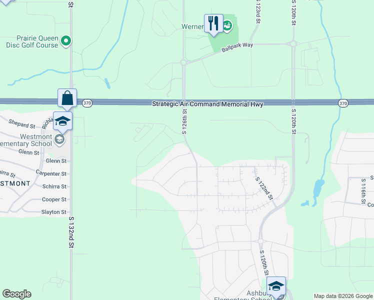 map of restaurants, bars, coffee shops, grocery stores, and more near 12506 Highway 370 in Papillion