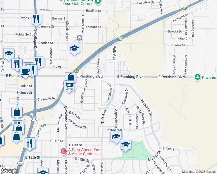map of restaurants, bars, coffee shops, grocery stores, and more near 1900 Rainbow Road in Cheyenne
