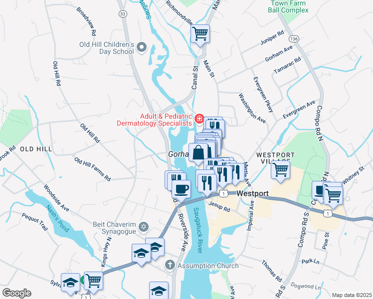 map of restaurants, bars, coffee shops, grocery stores, and more near 1 Gorham Island Road in Westport
