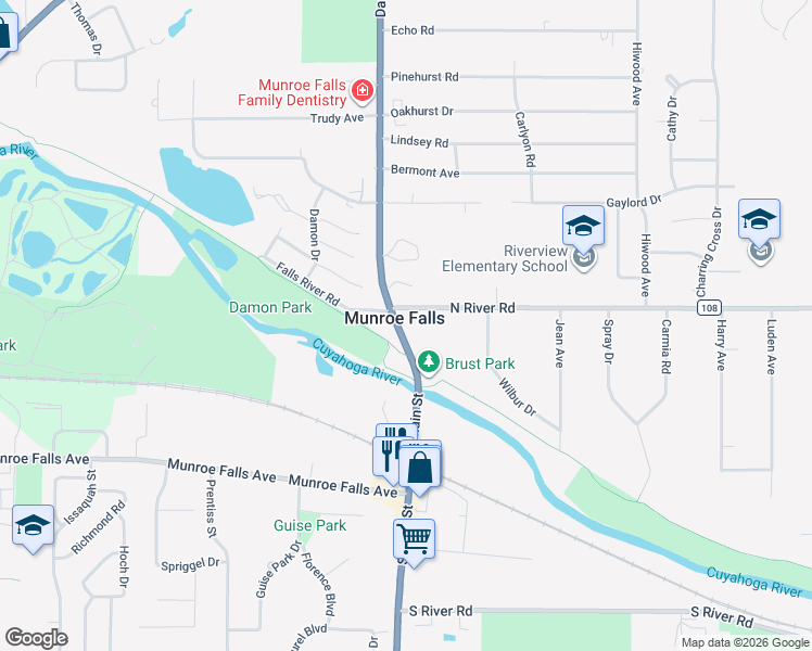 map of restaurants, bars, coffee shops, grocery stores, and more near 186 North Main Street in Munroe Falls