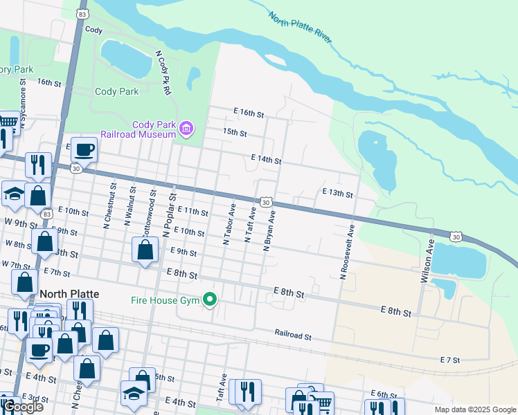 map of restaurants, bars, coffee shops, grocery stores, and more near 1019 East 12th Street in North Platte