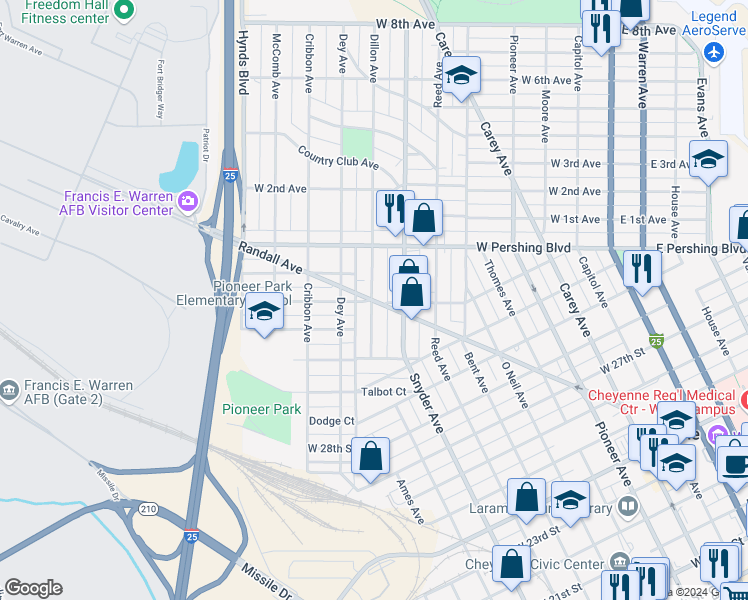 map of restaurants, bars, coffee shops, grocery stores, and more near 3122-3124 Snyder Avenue in Cheyenne