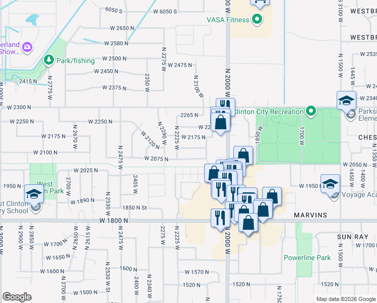 map of restaurants, bars, coffee shops, grocery stores, and more near 2191 West 2175 North in Clinton