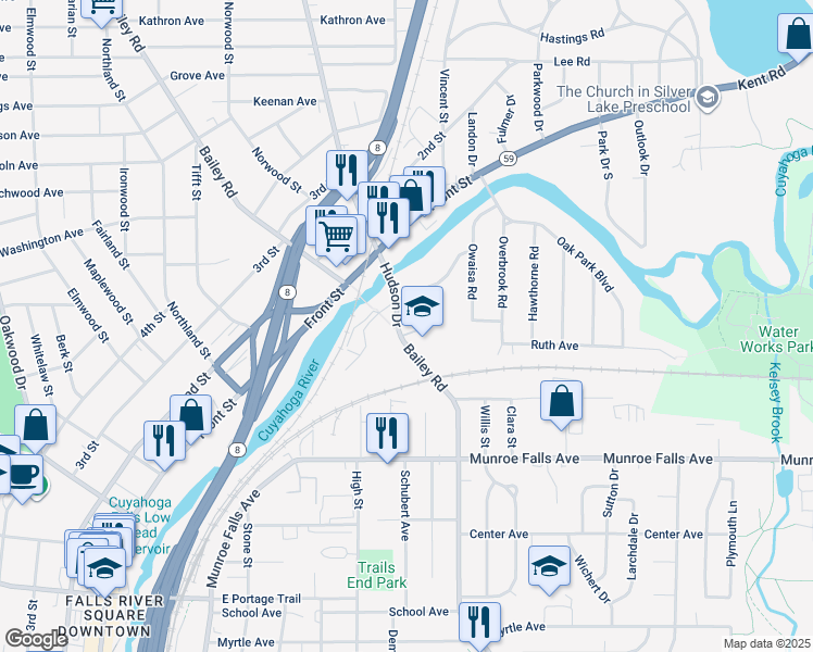 map of restaurants, bars, coffee shops, grocery stores, and more near 738 Gaylord Grove Road in Cuyahoga Falls
