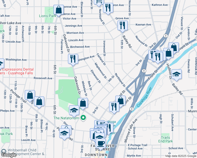 map of restaurants, bars, coffee shops, grocery stores, and more near 2610 Maplewood Street in Cuyahoga Falls