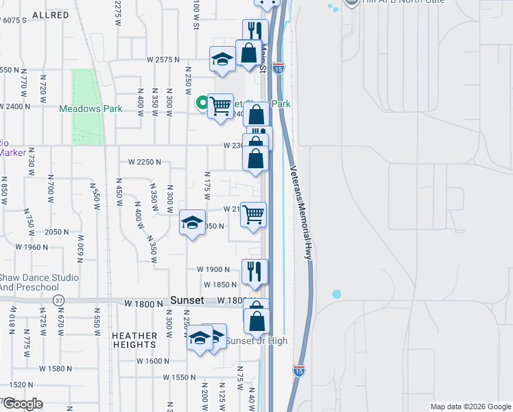 map of restaurants, bars, coffee shops, grocery stores, and more near 2101 North Main Street in Sunset