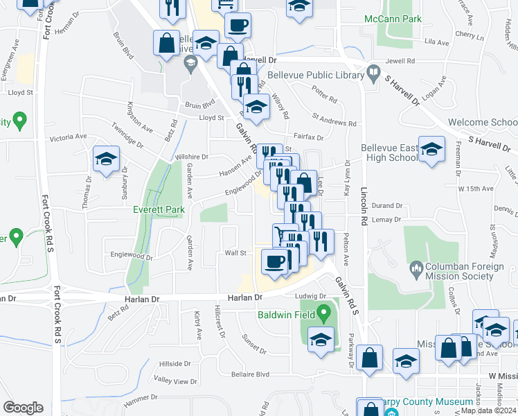map of restaurants, bars, coffee shops, grocery stores, and more near 505 Wilshire Drive in Bellevue