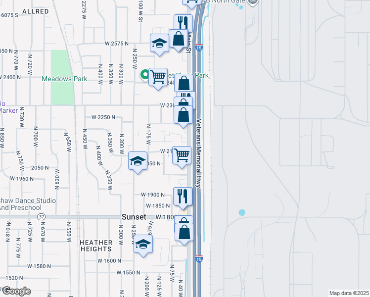 map of restaurants, bars, coffee shops, grocery stores, and more near 2101 North Main Street in Sunset