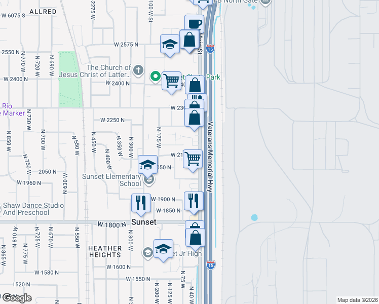 map of restaurants, bars, coffee shops, grocery stores, and more near 58 West 2125 North in Sunset