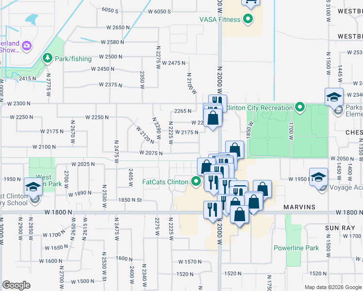 map of restaurants, bars, coffee shops, grocery stores, and more near 2183 West 2120 North in Clinton