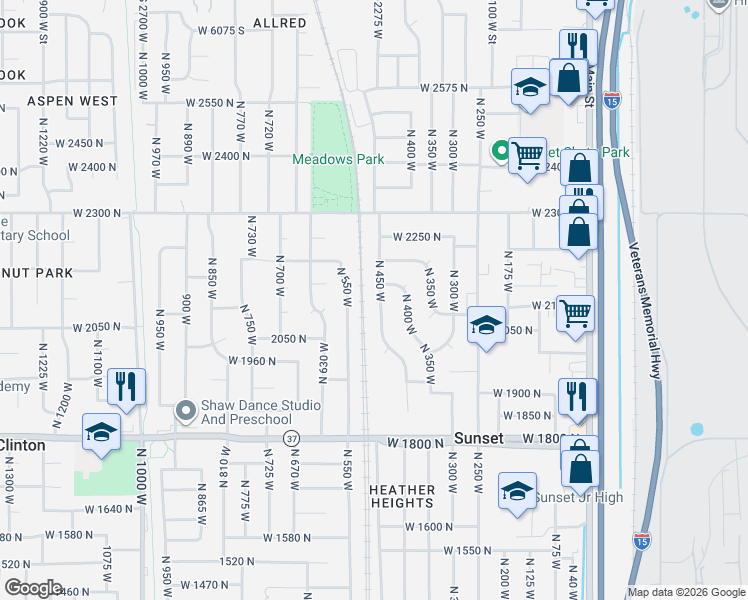 map of restaurants, bars, coffee shops, grocery stores, and more near 2111 North 450 West in Sunset