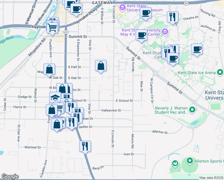 map of restaurants, bars, coffee shops, grocery stores, and more near 985 South Lincoln Street in Kent