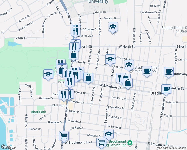 map of restaurants, bars, coffee shops, grocery stores, and more near 248 North Cleveland Avenue in Bradley