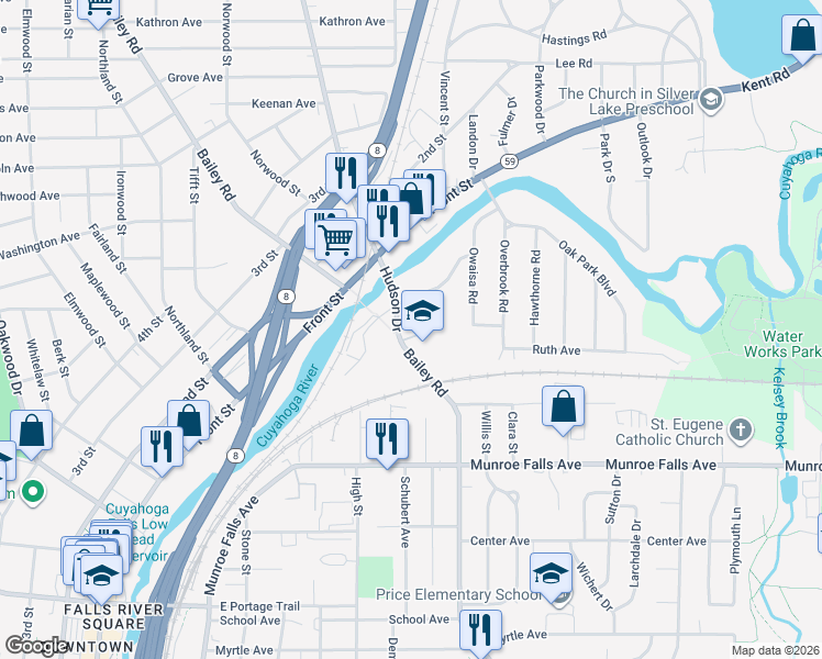 map of restaurants, bars, coffee shops, grocery stores, and more near 2567 Hudson Drive in Cuyahoga Falls