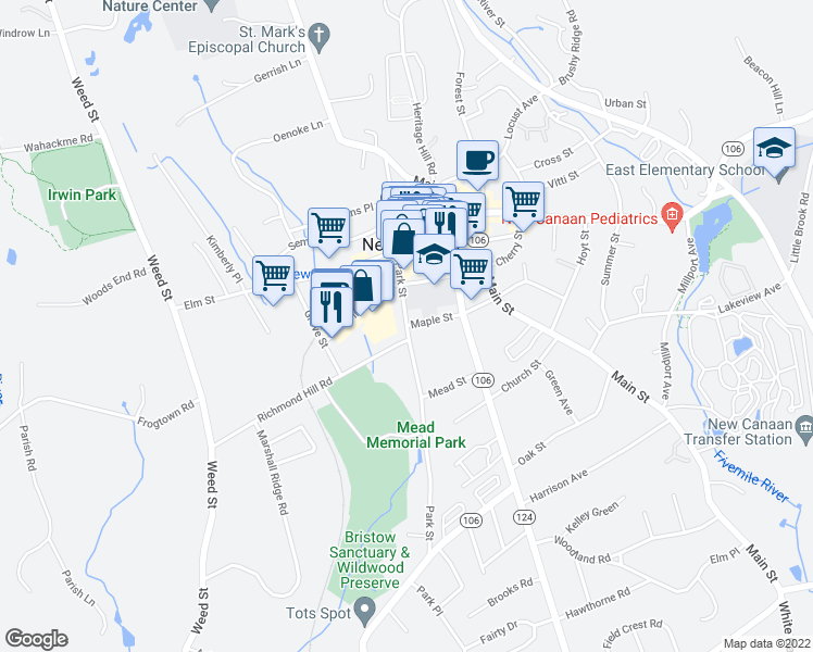 map of restaurants, bars, coffee shops, grocery stores, and more near 139 Park Street in New Canaan