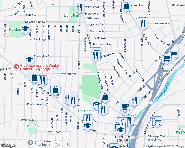 map of restaurants, bars, coffee shops, grocery stores, and more near 2610 Oakwood Drive in Cuyahoga Falls