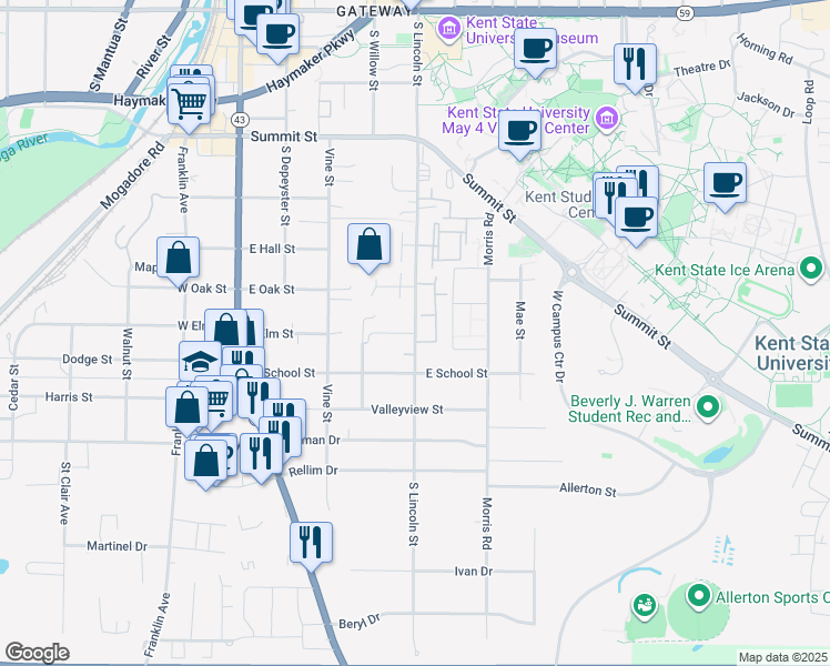 map of restaurants, bars, coffee shops, grocery stores, and more near South Lincoln Street in Kent
