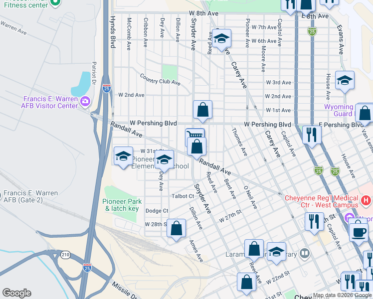 map of restaurants, bars, coffee shops, grocery stores, and more near 3122-3124 Snyder Avenue in Cheyenne