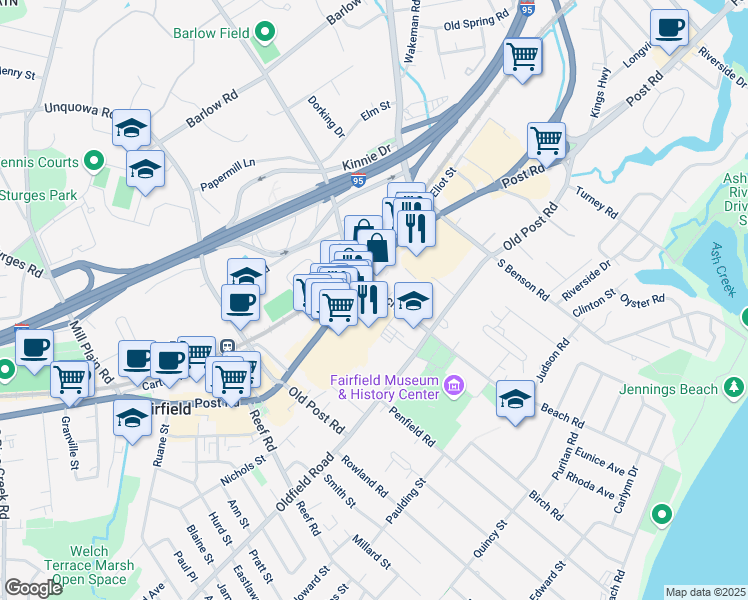 map of restaurants, bars, coffee shops, grocery stores, and more near 1055 Post Road in Fairfield