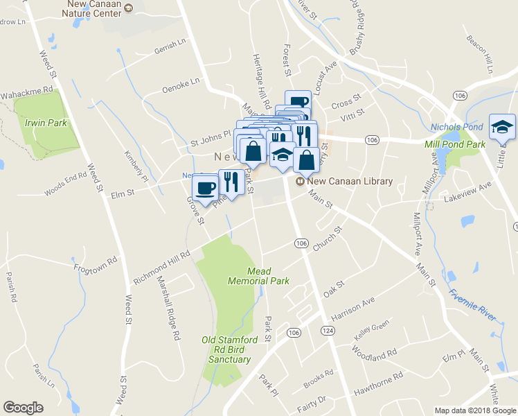 map of restaurants, bars, coffee shops, grocery stores, and more near 9 Maple Street in New Canaan