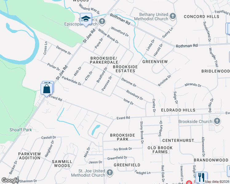 map of restaurants, bars, coffee shops, grocery stores, and more near 4928 Rosebury Dr in Fort Wayne