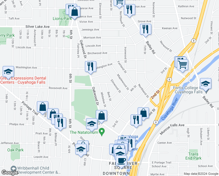 map of restaurants, bars, coffee shops, grocery stores, and more near 2555 Berk Street in Cuyahoga Falls