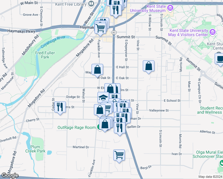 map of restaurants, bars, coffee shops, grocery stores, and more near 1002 South Water Street in Kent